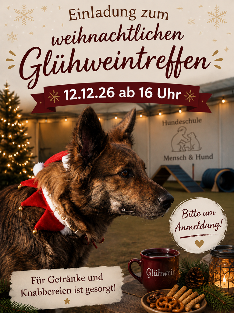Der Sommer neigt sich langsam dem Ende zu und auch wenn Weihnachten noch ein gutes Stück entfernt ist, möchte ich dich schon jetzt ganz herzlich zu meinem Adventtreffen einladen. ❤️

Ich schicke die Einladung bewusst so früh, damit möglichst viele von euch Zeit haben und wir gemeinsam ein paar schöne, gemütliche Stunden in der Vorweihnachtszeit in der Hundeschule verbringen können. ✨🐾

Bei einem warmen Getränk, ein paar Leckereien und netten Gesprächen möchte ich mit euch das Jahr ganz entspannt ausklingen lassen.

Ich würde mich sehr freuen, wenn du dabei bist! ❤️

Samstag, 12. Dezember 2026 ab 16:00 Uhr

Ich freu mich auf dich! 🎄🐕✨